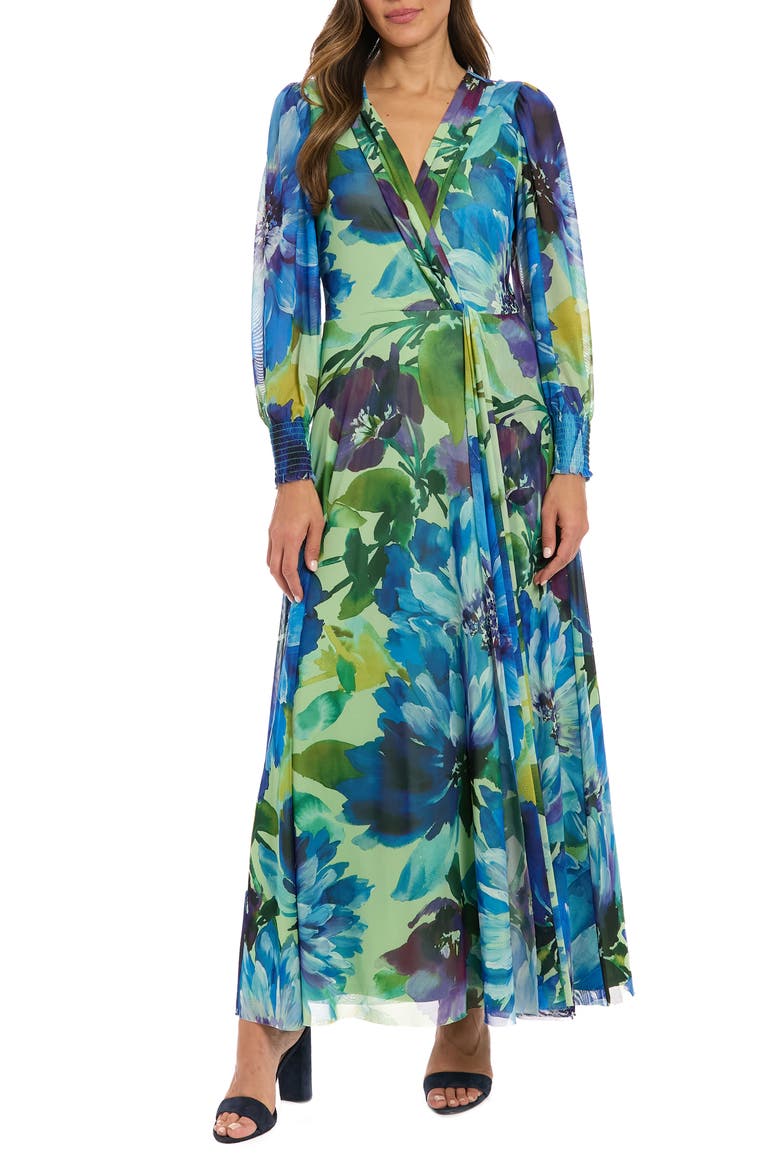 Floral Long Sleeve Mesh Faux Wrap Maxi Dress, Main, color, SAGE/ BLUE