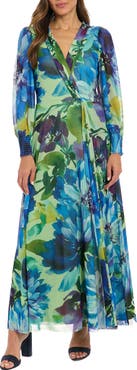 London Times Floral Long Sleeve Mesh Faux Wrap Maxi Dress