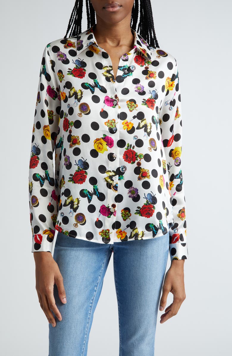 L'AGENCE Tyler Floral Polka Dot Silk Button-Up Shirt, Main, color,
