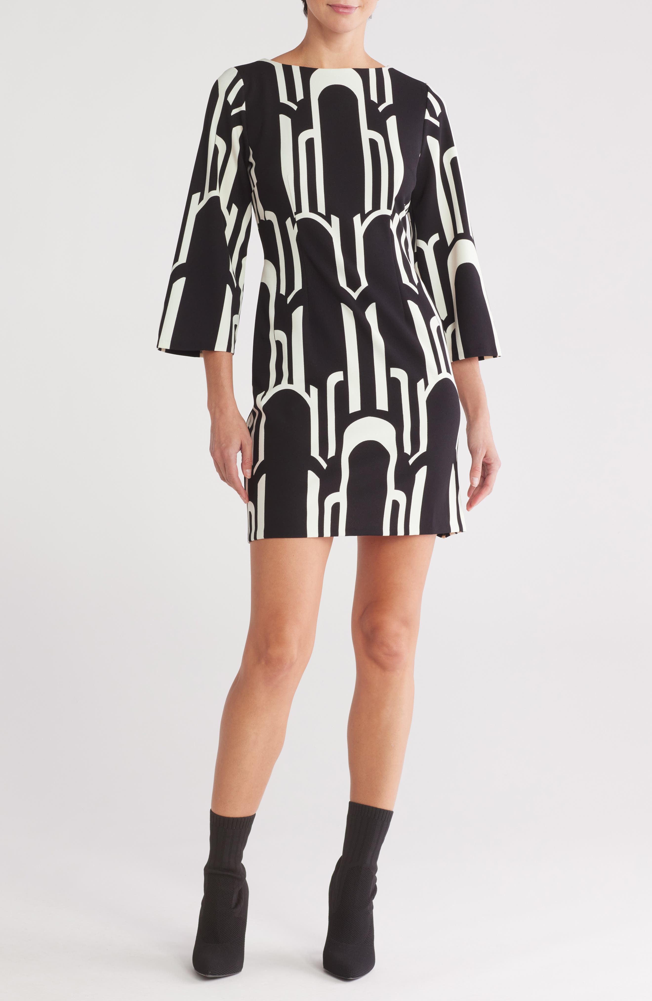 London Times Geo Print Long Sleeve Shift Dress