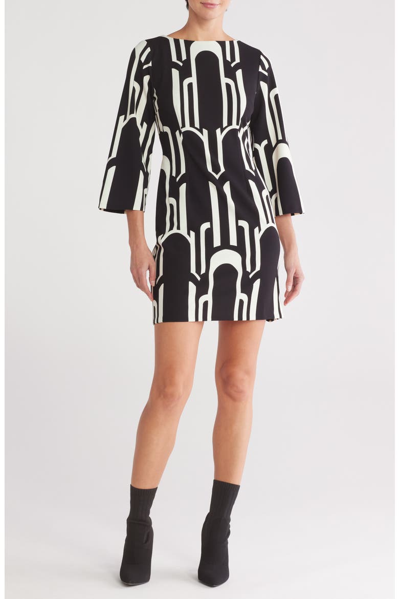 Geo Print Long Sleeve Shift Dress, Main, color, BLACK/ IVORY