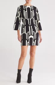 London Times Geo Print Long Sleeve Shift Dress