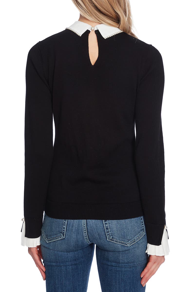 CeCe Imitation Pearl Peter Pan Collar Cotton Sweater, Alternate, color, Rich Black