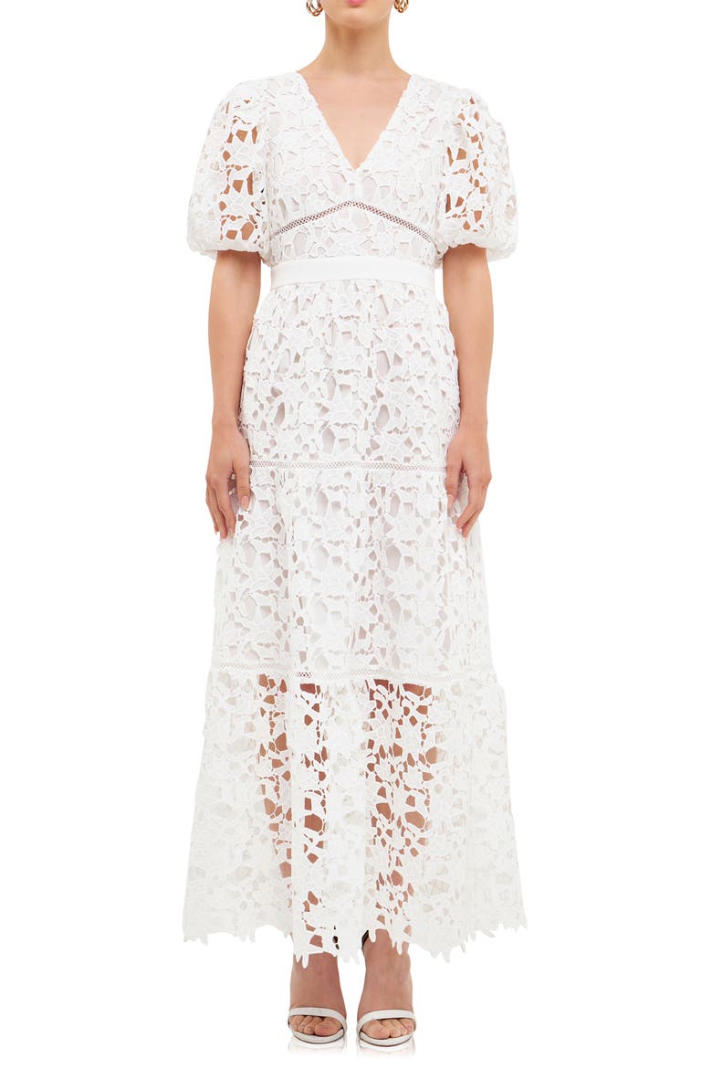 Puff Sleeve Tiered Lace Maxi Dress, Alternate, color, WHITE