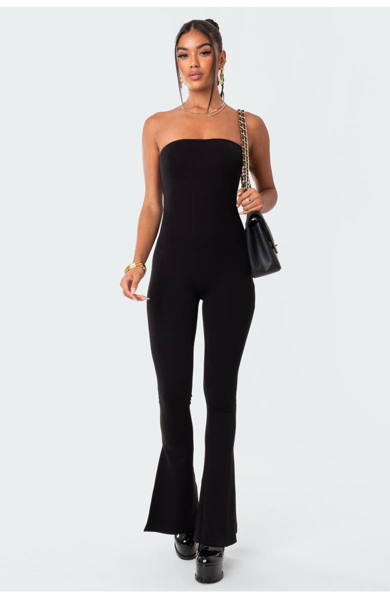 EDIKTED Melina Side Slit Strapless Flare Jumpsuit, Alternate, color, Black