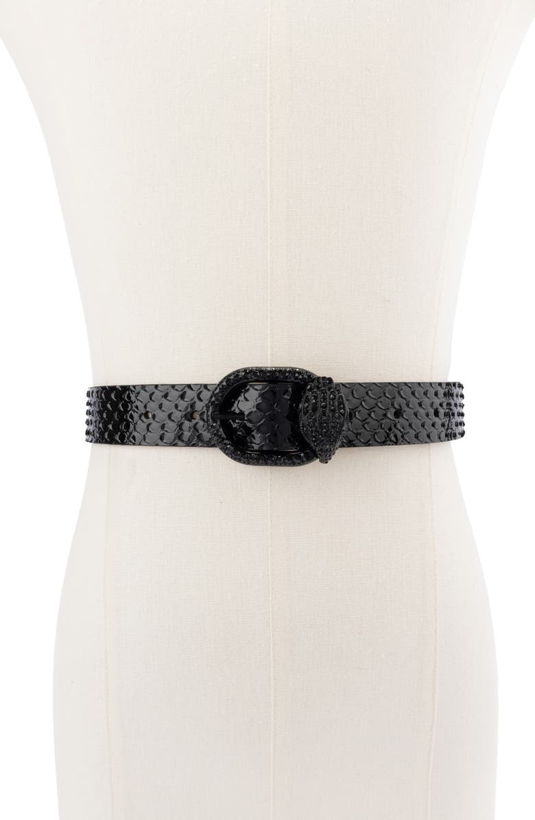 Kurt Geiger London Mayfair Crystal Eagle Head Snake Print Leather Belt, Alternate, color,