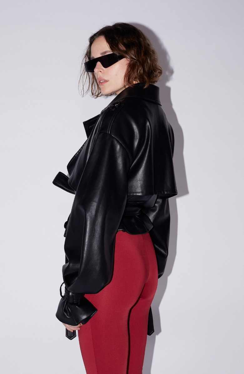 SAEMDI Cropped PU Trench Jacket, Alternate, color, Black