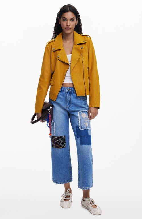 Desigual Faux Leather Moto Jacket In Yellow