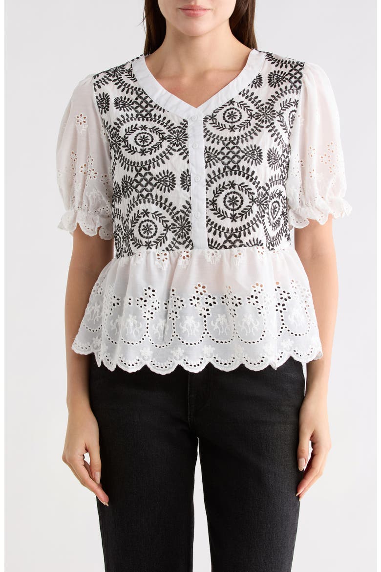 Eyelet Embroidered Short Sleeve Button-Up Shirt, Main, color, WHITE/ BLACK