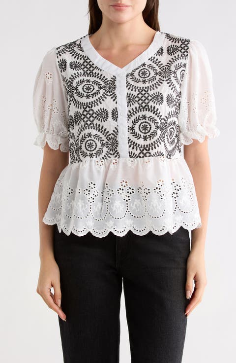 Eyelet Embroidered Short Sleeve Button-Up Shirt