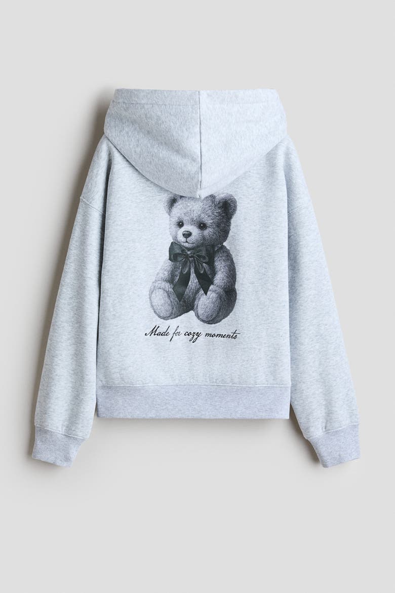 Hoodie With Motif, Alternate, color, Light gray melange/teddy bear