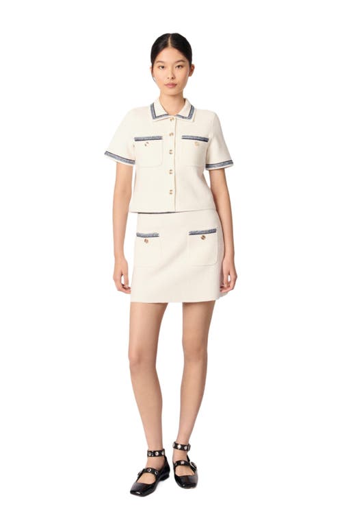 Maje Cropped Contrasting Trim Cardigan In Ecru