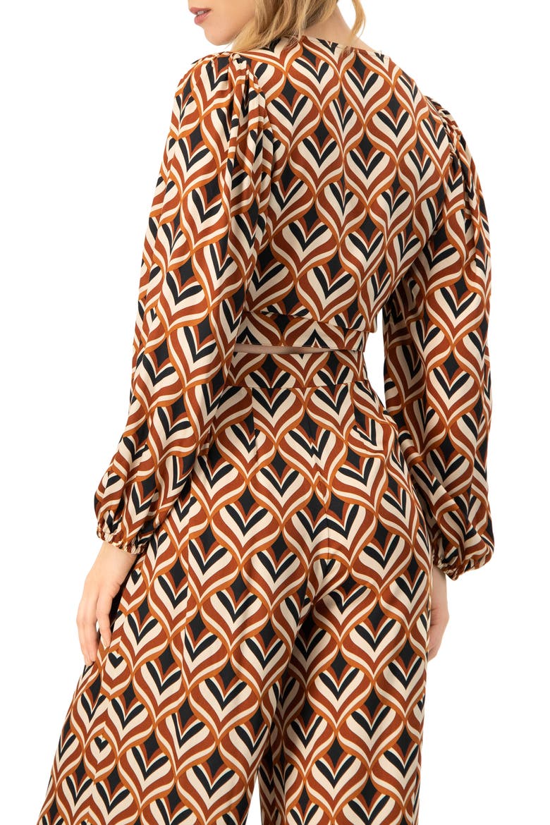 V-Neck Geometric Print Blouse with Bottom Tie, Alternate, color, Multi-Brown