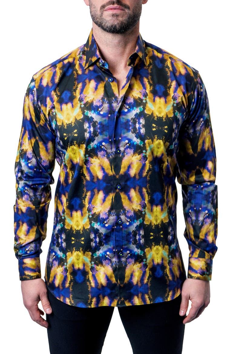 Fibonacci Tie Dye Trip Button-Up Shirt, Alternate, color, BLUE
