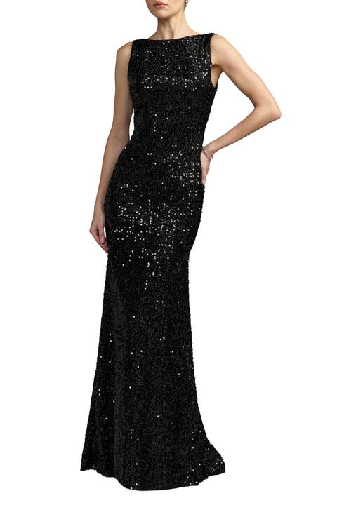 Cowl Back Boat Neck Sequined Evening Gown