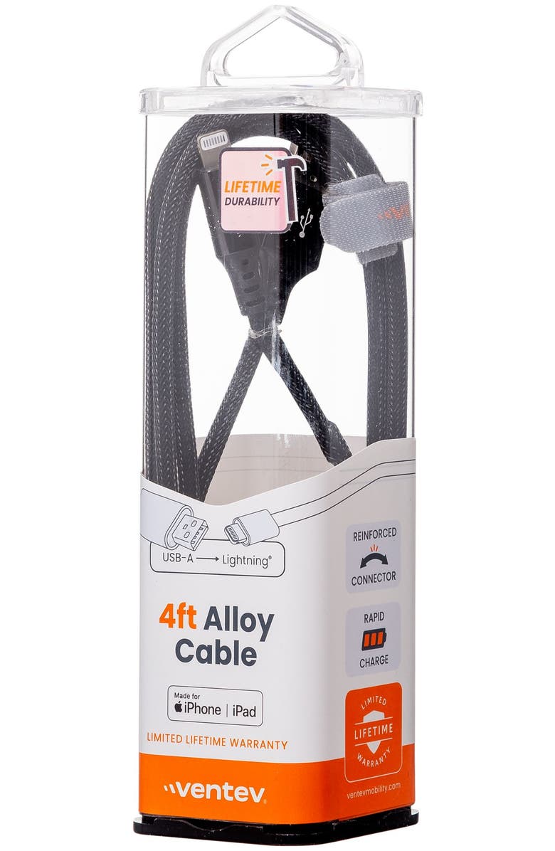 Ventev Alloy USB-A to Apple Lightning High Speed Ultradurable 4 Foot Cable, Alternate, color, Black