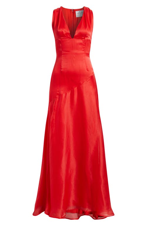 Sonya Moda Alma Plunge Bias Cut Silk Organza Gown In Red