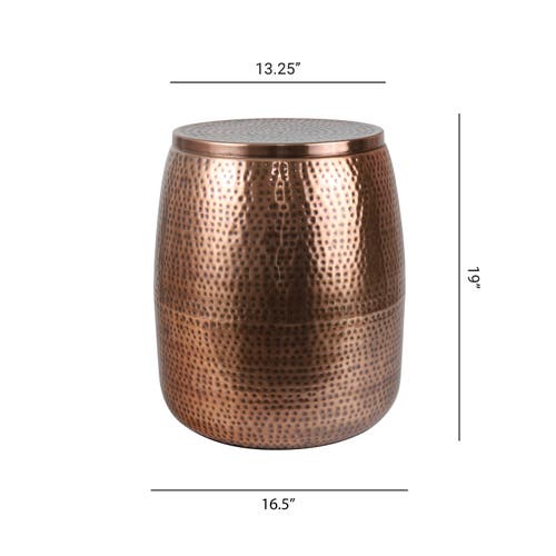 Happimess Merida Modern Rustic Hammered Metal Drum Storage Side Table With Lid