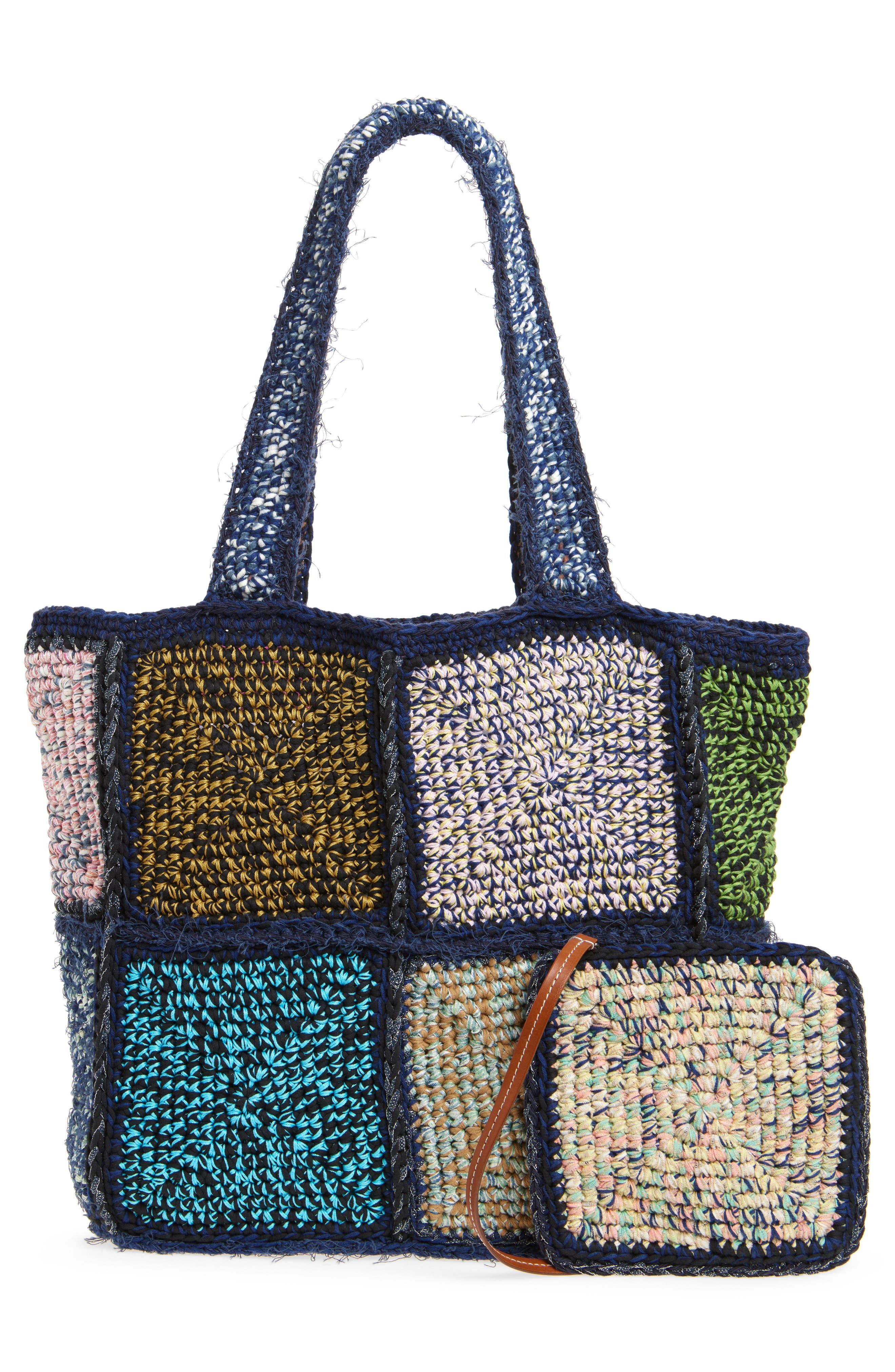 Waste Yarn Project Marie Square One of a Kind Crochet Tote, Alternate, color, Multi Blue Color Patch