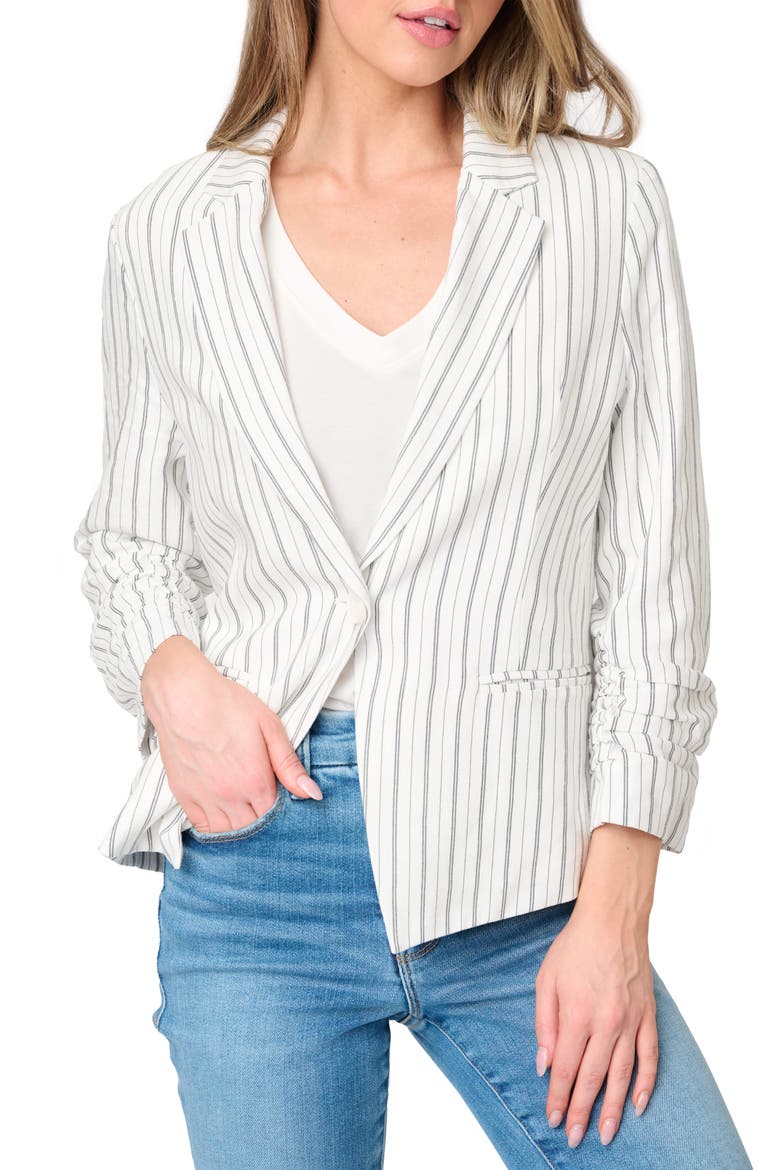 Pinstripe Ruched Sleeve Blazer, Main, color, PARCHMENT PINSTRIPE