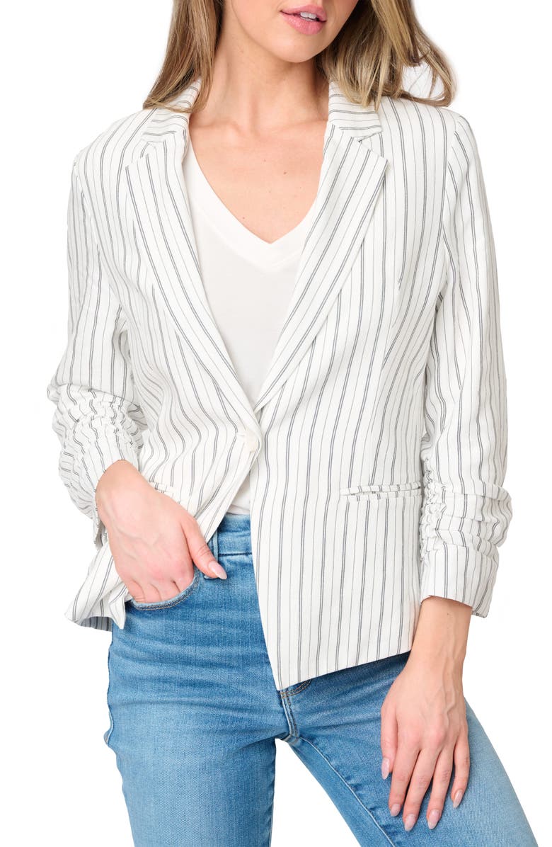 GIBSONLOOK Pinstripe Ruched Sleeve Blazer, Main, color, Parchment Pinstripe