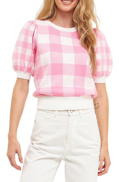 Gingham Puff Sleeve Sweater
