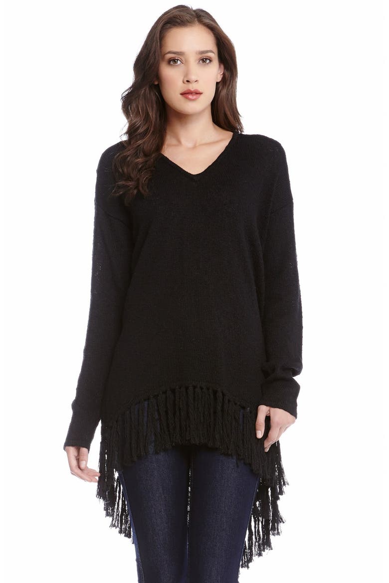 Fringed High/Low Sweater, Alternate, color, BLACK