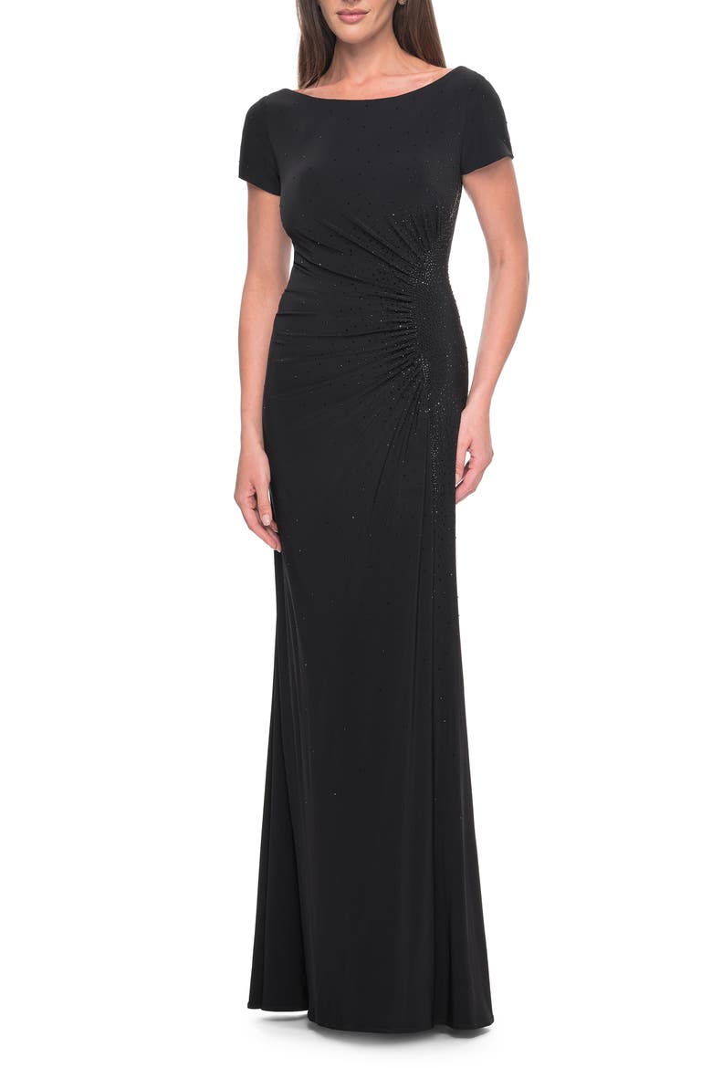 Long Jersey Evening Dress with Rhinestone Details, Alternate, color, Black