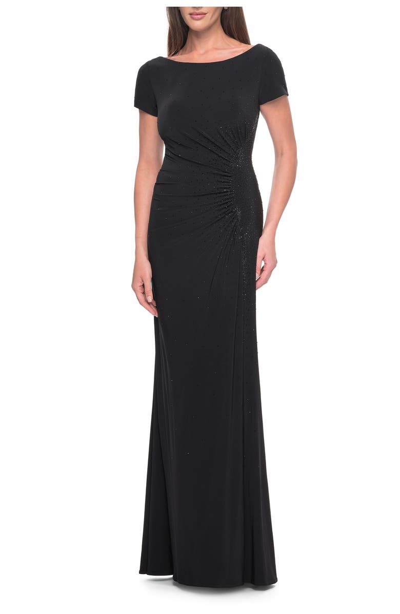 La Femme Long Jersey Evening Dress with Rhinestone Details, Alternate, color, Black