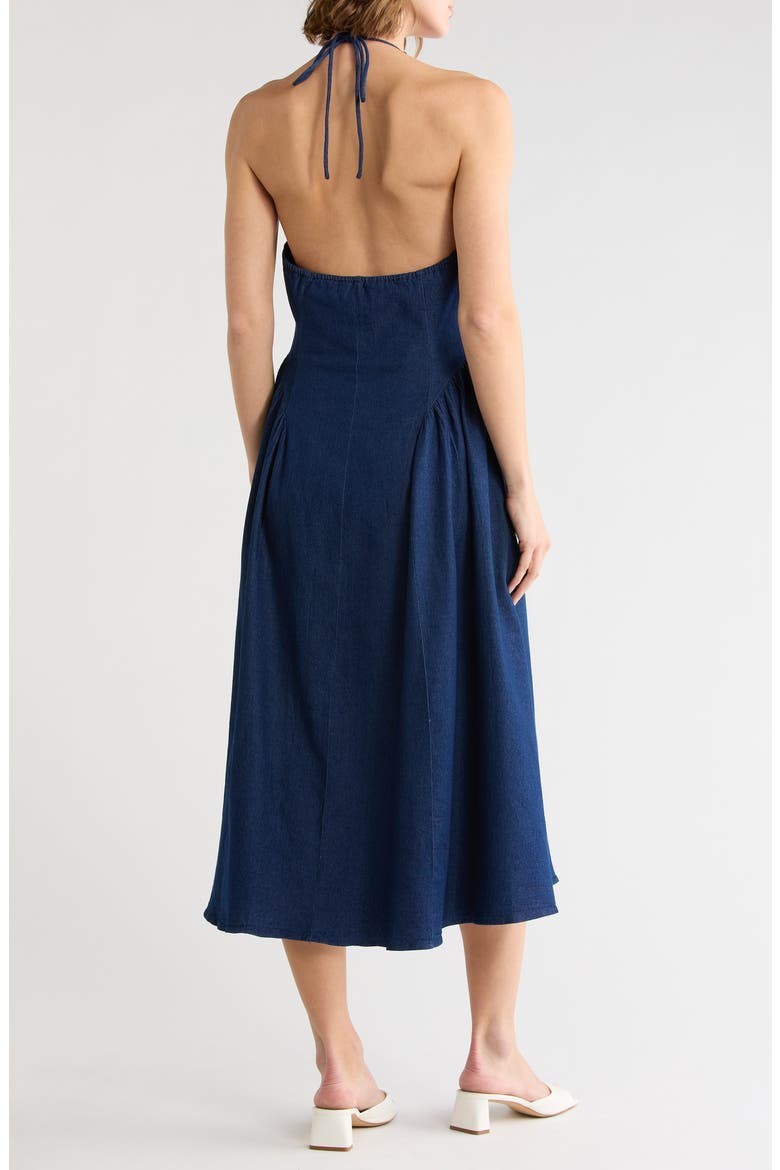 Halter Neck Button Front Fit and Flare Midi Dress, Alternate, color, DENIM