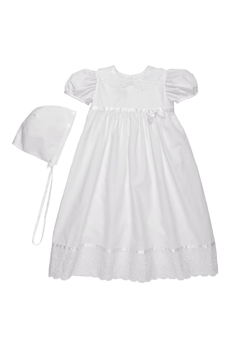 Lace Collar Christening Gown and Bonnet Set, Main, color, WHITE