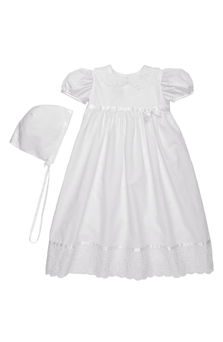 Little Things Mean a Lot Lace Collar Christening Gown and Bonnet Set, Main, color, White