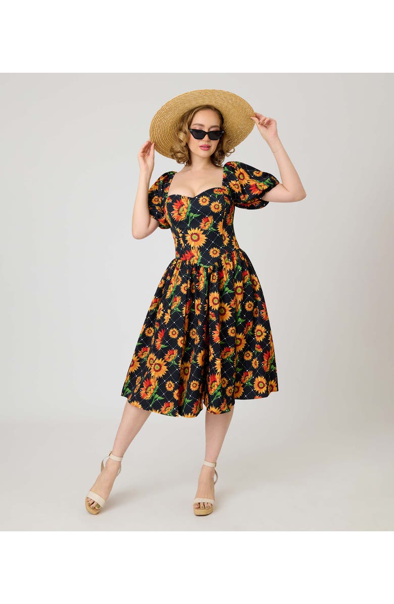 Smak Parlour Puff Sleeve Swing Dress, Alternate, color, Black Sunflower Print