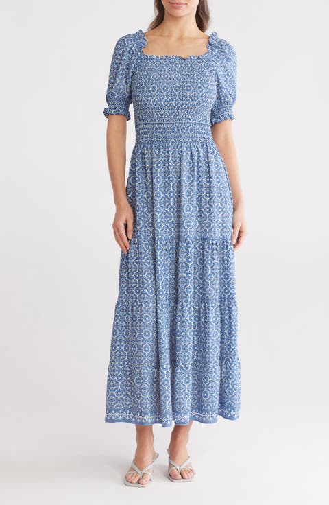 Short Sleeve Smocked Tiered Maxi Dress