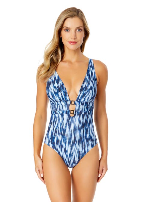 Women's Tie Dye Ikat Double Ring Plunge Front One Piece Swimsuit