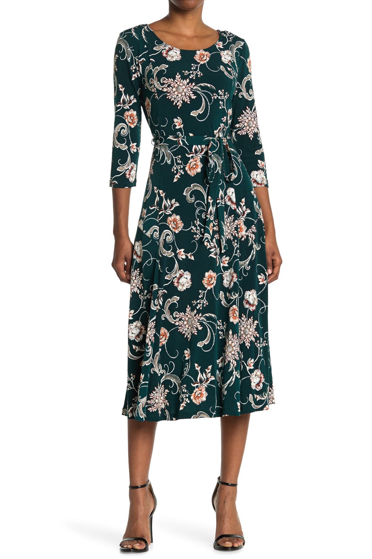 Nina Leonard Floral Scoop Neck Midi Dress