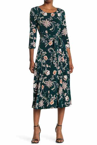 Nina Leonard Floral Scoop Neck Midi Dress