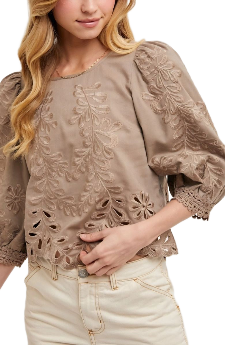 Knit and Lounge Embroidered Puff Sleeve Blouse with Scallop Hem and Cutout Detailing, Alternate, color, Taupe