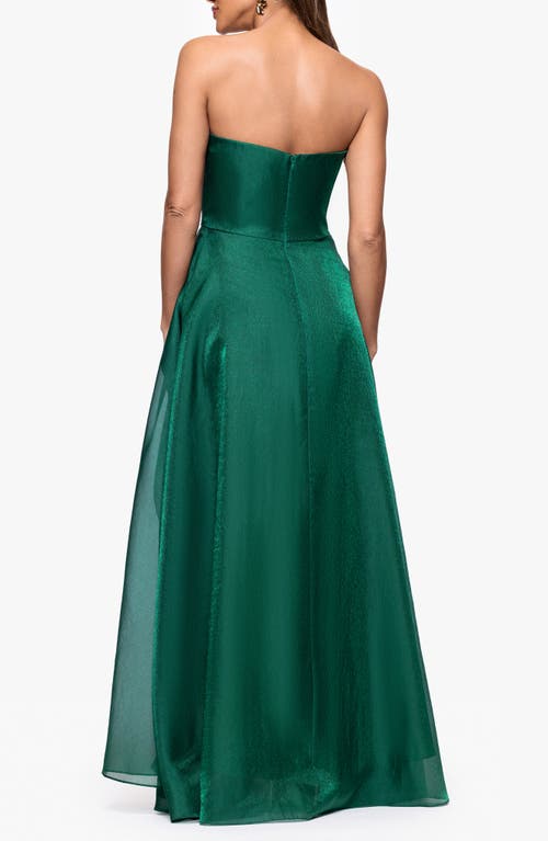 Xscape Evenings Strapless Ruffle Detail Metallic Organza Gown In Green