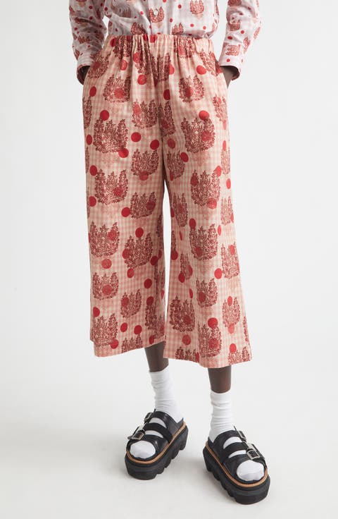 Polka Dot Floral Gingham Cotton Poplin Wide Leg Pants