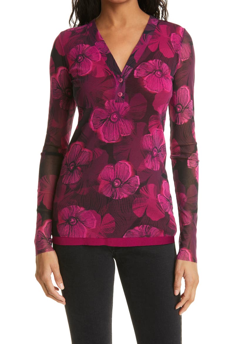 Floral V-Neck Mesh Top, Main, color, BEGONIA