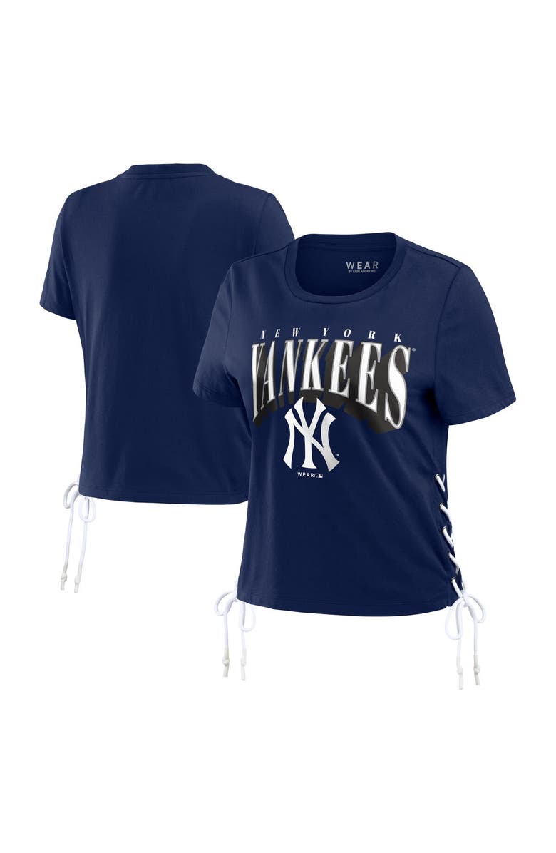 WEAR by Erin Andrews Women's WEAR by Erin Andrews Navy New York Yankees Side Lace-Up Cropped T-Shirt, Alternate, color, 