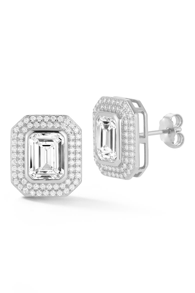 Emerald Cut Moissanite Halo Stud Earrings, Main, color, SILVER
