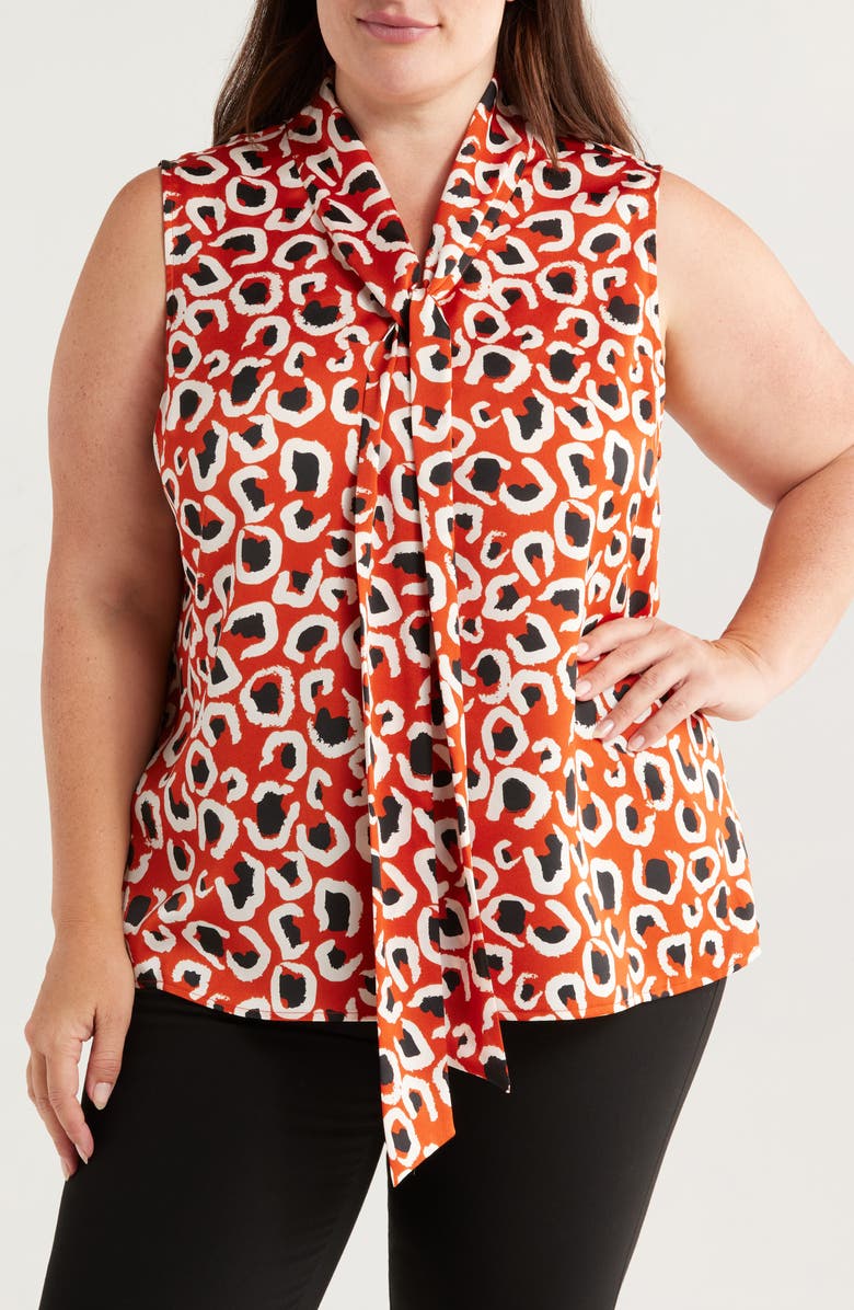 Tahari ASL Bow Neck Sleeveless Satin Top, Main, color, Persimmon Leopard