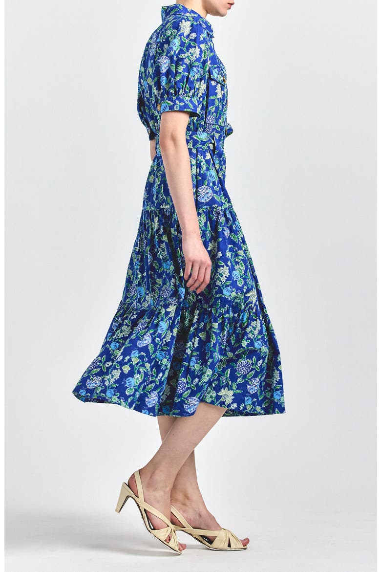Buffy Floral Print Tie Waist Tiered Midi Dress, Alternate, color, BLUE VINES