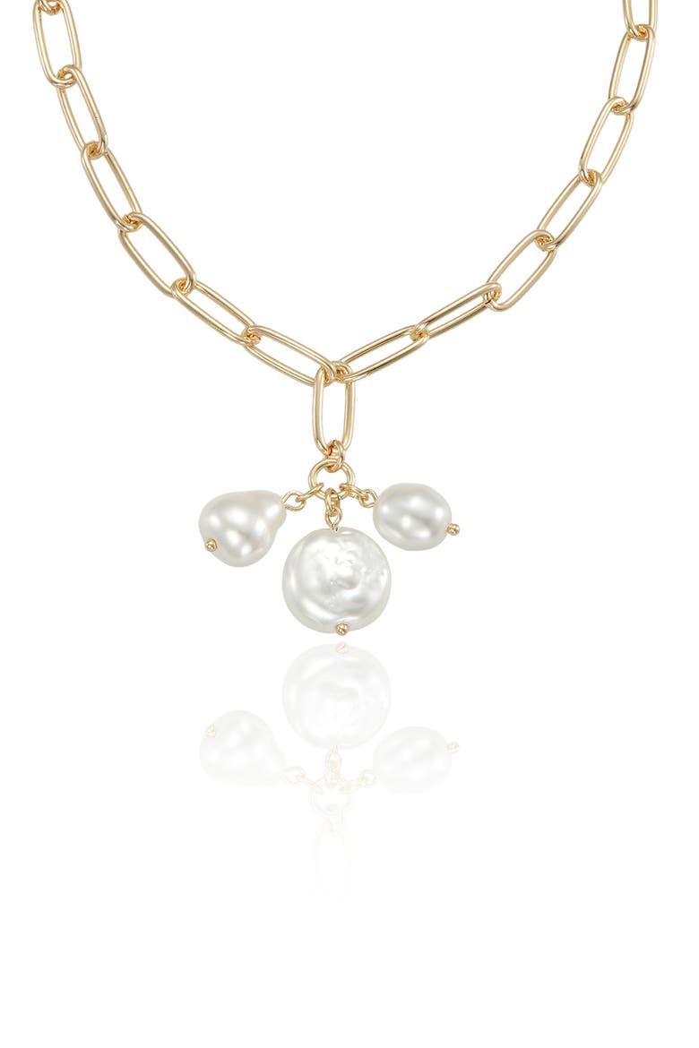 Triple Faux Pearl Pendant Necklace, Alternate, color, GOLD