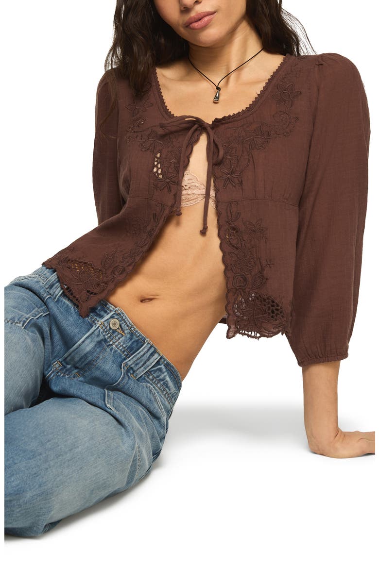 Festival Cutwork Tie Neck Top, Alternate, color, FRENCH ROAST
