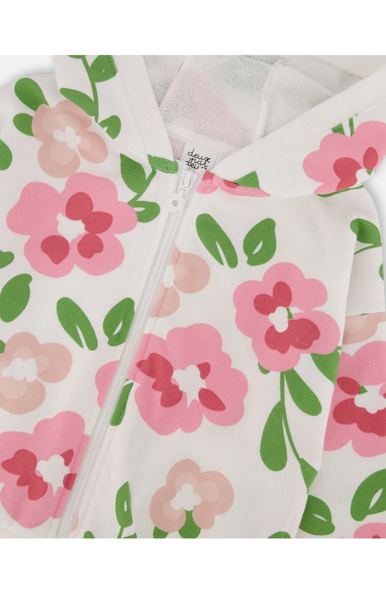 Deux par Deux Girl's Printed French Terry Hoodie Cardigan Pink Flowers On White Background, Alternate, color, Pink Flowers On White