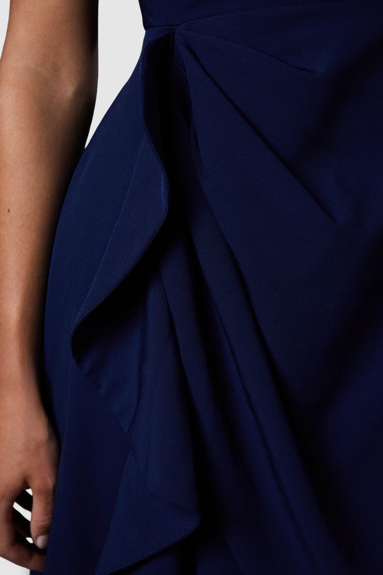 Crepe Low Back Ruffle Dress, Alternate, color, Navy