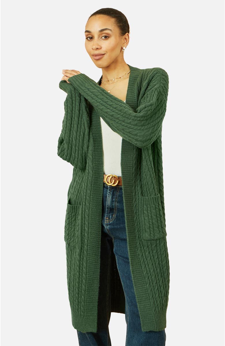 Yumi Cable Knit Long Sleeve Long Cardigan, Main, color, Green